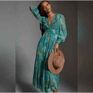 Anthropologie Odetta Ruffle V-Neck Midi Dress - Size Small Petite - NWT